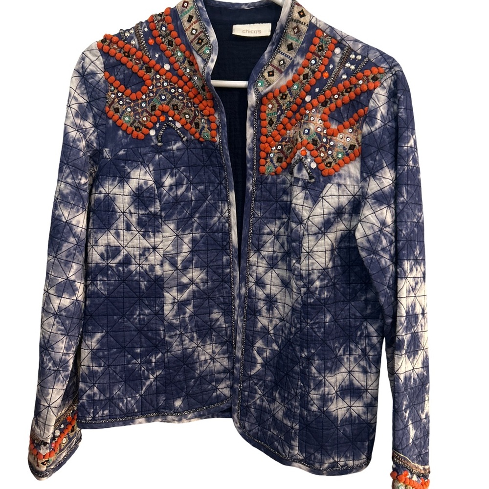 Chico's Artisan Beaded Tie Dye Quilted Jacket Blazer Women's Size 0 S/M Boho